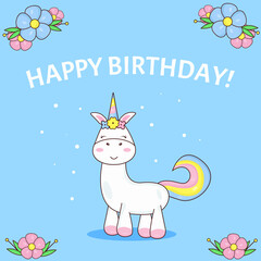 Obraz na płótnie Canvas Birthday card with unicorn and flowers