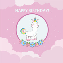 Birthday card with unicorn in a frame with flowers