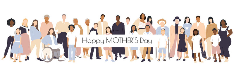 Obraz premium Happy Mother's Day card. Multicultural group of mothers with kids collection. Flat vector illustration. 
