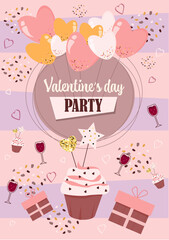 Happy birthday party invitation template with cake and balloons, vector illustration, hand drawn style