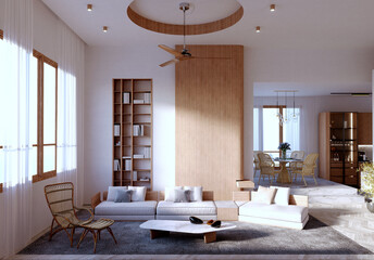 3d rendering,3d illustration, Interior Scene and  Mockup,Focal corner, modern style living room, decorated with wood and built-in wooden bookshelf, drop ceiling, round wall with wooden fan.