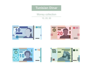 Tunisian Dinar Vector Illustration. Tunisia money set bundle banknotes. Paper money 10, 20, 50 TND. Flat style. Isolated on white background. Simple minimal design. - obrazy, fototapety, plakaty