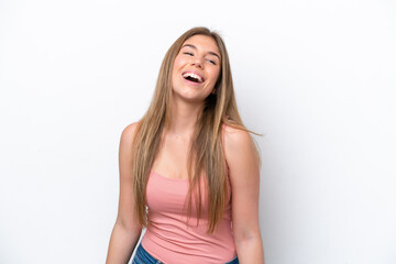 Fototapeta premium Young caucasian woman isolated on white bakcground laughing