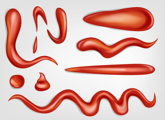 Ketchup stains. Tomato sauce red spots and smears, drops for paste and catsup blobs. Realistic drops, splatters and blobs of sour vegetable paste and catsup