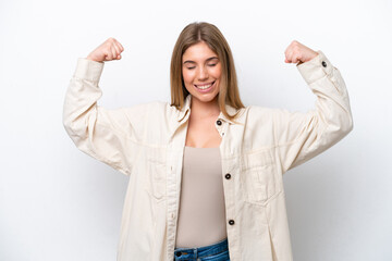 Young caucasian woman isolated on white bakcground doing strong gesture