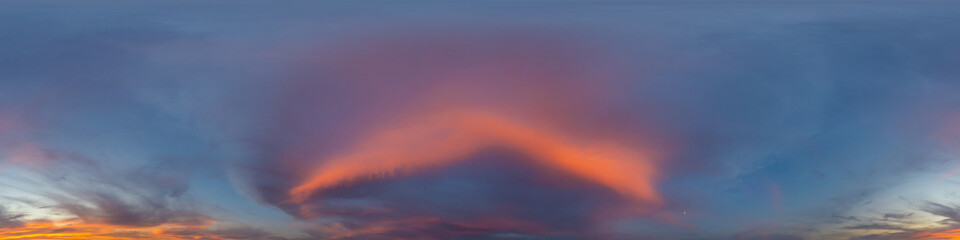 Panorama of a dark blue sunset sky with pink Cumulus clouds. Seamless hdr 360 panorama in spherical equiangular format. Full zenith for 3D visualization, sky replacement for aerial drone panoramas.