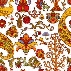 Seamless pattern with folk tale ornament design elements. Peacock bird, flowers, plants with decorative patterns. Stylized objects on white background. Colourful vector illustration