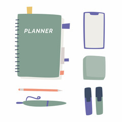 Fototapeta na wymiar Planner with notes, phone, stickers, markers, pencil, pen. Time planning concept. goal setting. necessary items.