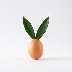 Creative composition made of chicken egg and bunny rabbit ears made from natural green leaves. Easter Bunny minimal concept.