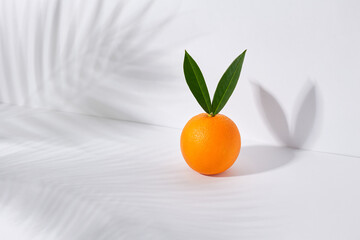 Easter Bunny minimal concept. Creative layout made of orange and natural green leaves on white...