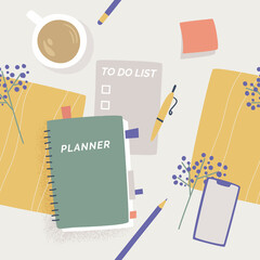 Seamless pattern with colorful notepad, diaries, planner, time management concept. Time planning. Background with paper books or notepads for writing notes.