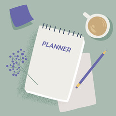Time planning concept. Top view of notepad with word planner on desktop, pencil, coffee, sticker.