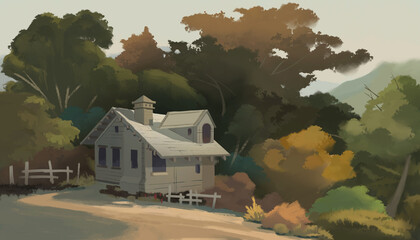 A digital illustration of a cute little house on a forest mountain with colourful tree and brushstroke technique scenery.