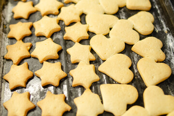 Ready-made shortbread cookies on a baking sheet close-up. Home and handmade food concept