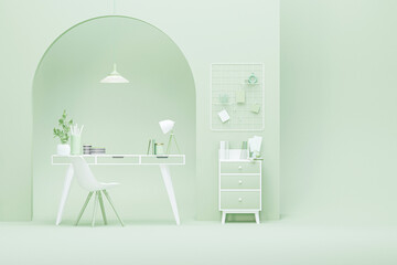 Minimal idea concept for study desk and workspace. Creative composition. Interior of the room in pastel green and white color with furnitures and room accessories. Healthy lifestyle. 3D render.
