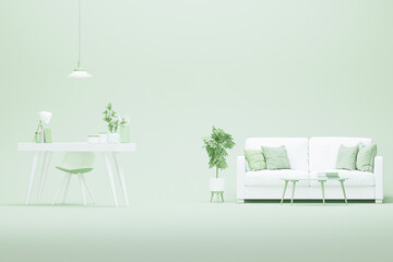 Minimal idea concept for study desk and workspace. Creative composition. Interior of the room in pastel green and white color with furnitures and room accessories. Healthy lifestyle. 3D render.

