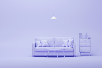 Creative interior design in purple studio with plant pot and armchair. Pastel purple color background. 3D rendering for web page, presentation or picture frame

