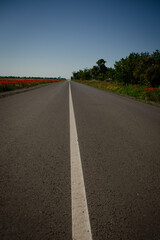 A new road with a white dividing strip outside the city. Asphalt road on a summer day, vertical photo