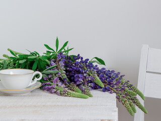 Bouquet of lupin flowers on a white table. Minimalistic composition with wild flowers