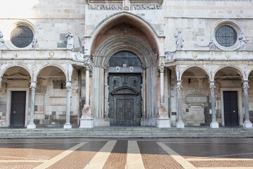 Detail of the Access Door to the Cathedral of Cremona with the Statues of the Two Lions, Lombardy,...