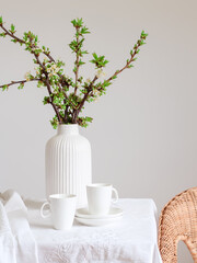 Blooming cherry branches in a white vase and a white cups of coffee on a white table. Elegant table styling