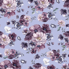 Seamless pattern with watercolor flowers in very peri color. Violet flowers, purple poppy and leaves, isolated on colored background