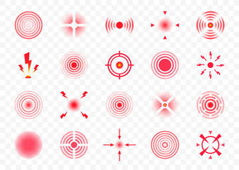Red pain circles. Pain localization sign and pain pointings. Circles for marking human pain. Set of radar icons. Headache, toothache, marker of an injured body part, muscle pain in joints. Vector
