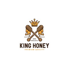 two wooden dipper with honey drop and crown logo design, king honey logo, organic, premium quality, modern, vector template in white background