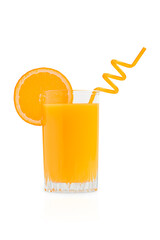 Bright organic sweet orange fruit juice served in tall drinking glass with straw decorated by slice of citrus isolated on white background. Healthy vegetarian dieting concept