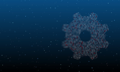 On the right is the gear symbol filled with white dots. Background pattern from dots and circles of different shades. Vector illustration on blue background with stars
