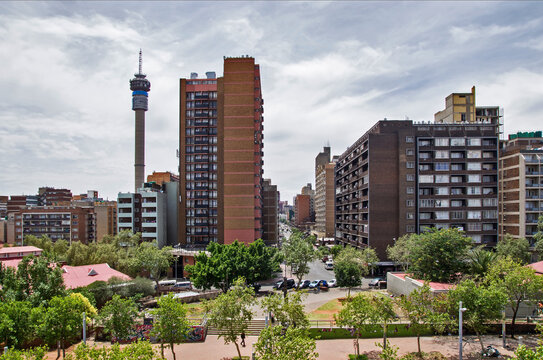 View from Constitutional Hill to cityscape of Johannesburg. Hilbrow Tower in the background. South Africa.