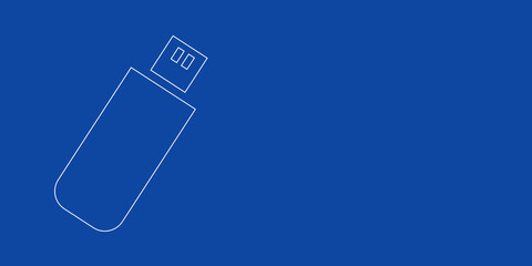A large white outline flash drive on the left. Designed as thin white lines. Vector illustration on blue background