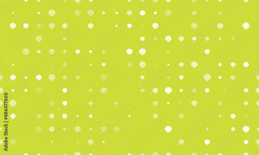 Poster seamless background pattern of evenly spaced white sea shell symbols of different sizes and opacity.