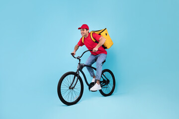 Courier With Backpack Bag Riding Bike Delivering Meal, Blue Background