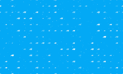 Seamless background pattern of evenly spaced white sea turtle symbols of different sizes and opacity. Vector illustration on light blue background with stars