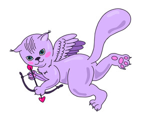 Funny cute cat cupid with wings and a bow with a heart arrow. Vector illustration in cartoon flat style for Valentine's day greeting card or wedding invitation.