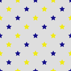 Seamless pattern with blue and eylow stars on a grey background. Vector - obrazy, fototapety, plakaty