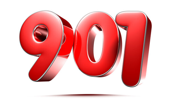 Rounded red number 901 on white background 3D illustration with clipping path