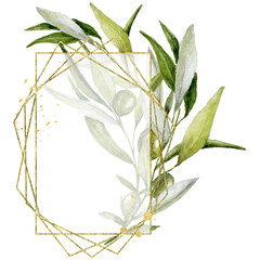 Watercolor Gold Foliage Geometric Border, Olive Branches Polygonal Frame, Floral Wreath for Wedding Stationary, Design, Greetings, Hand Painted Bohemian illustration, Polygonal Greenery Gem Frame