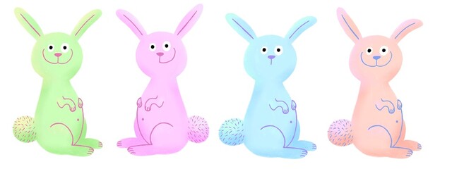 Group of 4 different cute cartoon multicolour Easter bunnies. Green, pink, blue and purple. Hand drawn illustration isolated on a white background.