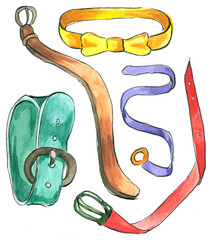 Ink and watercolor drawing of five different belts
