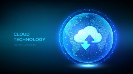 Cloud data technology abstract concept. Cloud storage icon with two arrows up and down on the background of the world map. Cloud computing service. Global network connection. Vector Illustration.