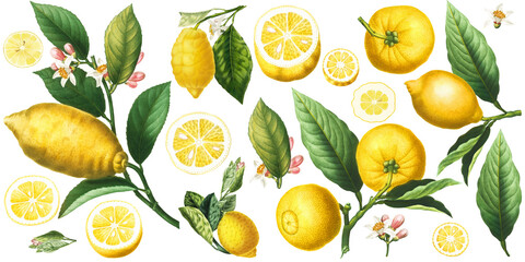 Yellow lemon citrus branches, fruits, slices, blossom, twigs and green leaves, botanical elements isolated on white background