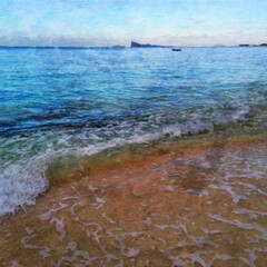 Trendy beautiful travel landscape, bright colors of power of nature. Touristic famous location. Oil painted wall art print in large size, creative drawing design. Contemporary pictorial artwork