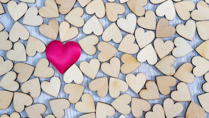Obraz premium Beautiful Card With Romantic Valentine Wooden Hearts Shapes. Nature Concept. Wedding Card Decoration. Happy Valentine Day Background.