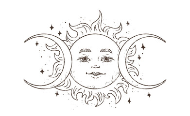 Солнце и луна. Солнце и два месяца для оформления астрологических прогнозов, карт таро, эзотерических блогов.