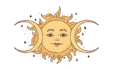 Солнце и луна. Солнце и два месяца для оформления астрологических прогнозов, карт таро, эзотерических блогов.