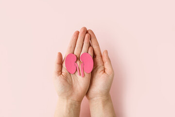 World kidney day. Woman holding kidney shaped paper on pink background. National Organ Donor Day....