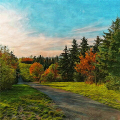 Obraz premium Trendy beautiful travel landscape, bright colors of power of nature. Touristic famous location. Oil painted wall art print in large size, creative drawing design. Contemporary pictorial artwork