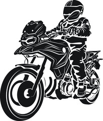 Vector silhouette of road biker. Black and white isolate hand drawn motorcycle. BMW GS motorcycle illustration for web, print design.  Poster, t-shirt, site, blog usage. Extreme lovers club.